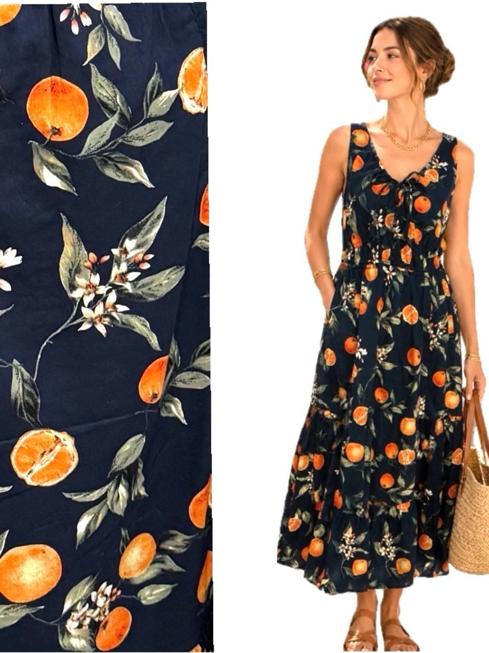 LOFT, Orange Citrus Print Cotton Midi Dress Mediterranean Summer, Size 10 EUC